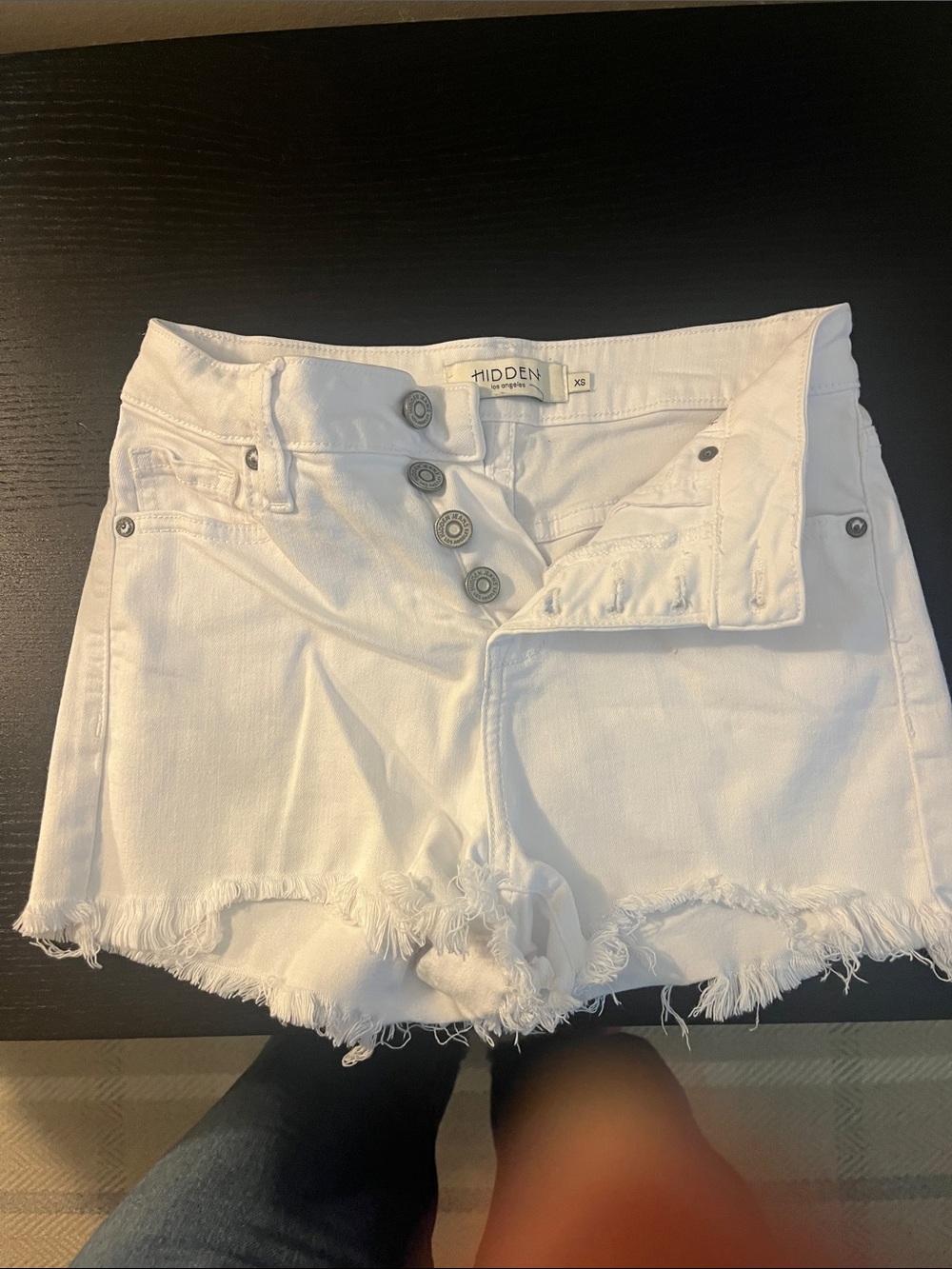 Hidden button fly Denim White Distressed Button-Fly Jean Shorts